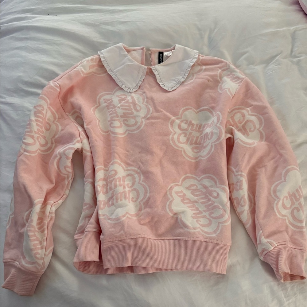 H&M Coquette Pink and White Ruffly Peter Pan Collar Sweater Sweatshirt